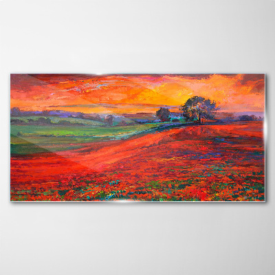 Tableau sur verre Coucher de soleil sur le champ rouge