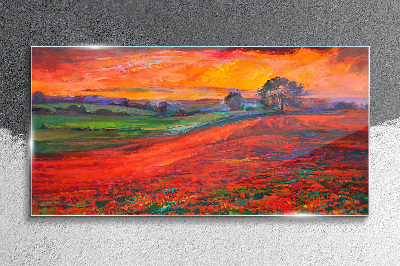 Tableau sur verre Coucher de soleil sur le champ rouge
