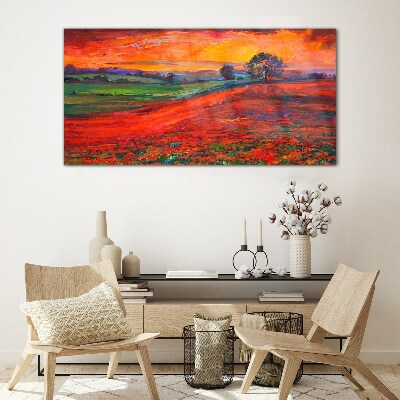 Tableau sur verre Coucher de soleil sur le champ rouge