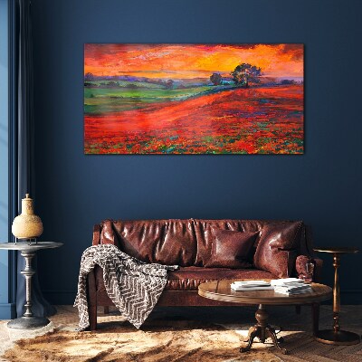 Tableau sur verre Coucher de soleil sur le champ rouge