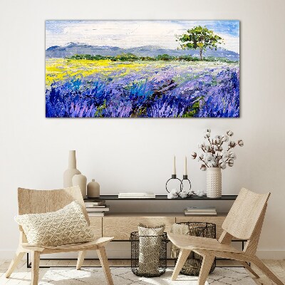 Tableau en verre Champs de lavande à la lumière du jour