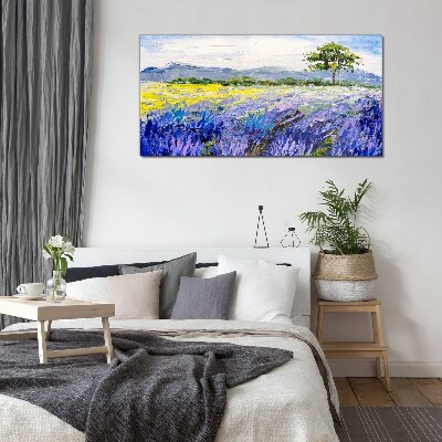 Tableau en verre Champs de lavande à la lumière du jour