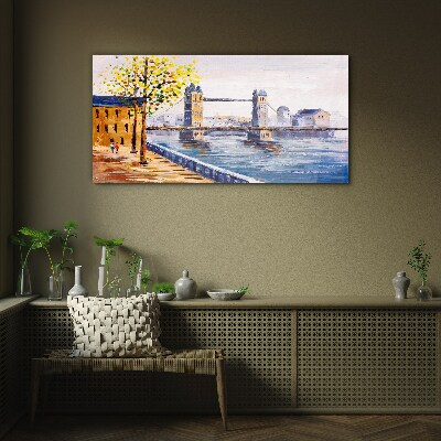 Tableau sur verre Pont de Londres avec des arbres d'automne