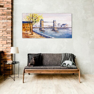 Tableau sur verre Pont de Londres avec des arbres d'automne