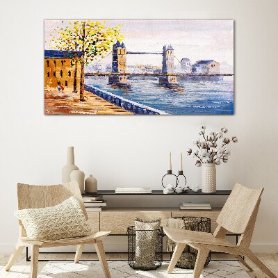 Tableau sur verre Pont de Londres avec des arbres d'automne