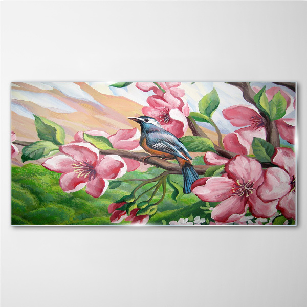 Tableau sur verre Un oiseau sur fond de fleurs printanières