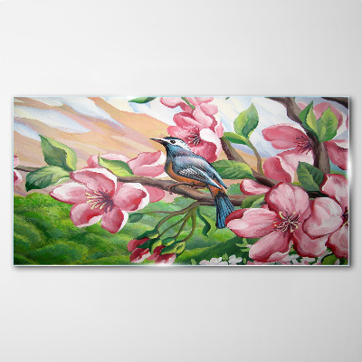 Tableau sur verre Un oiseau sur fond de fleurs printanières