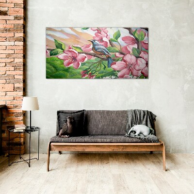 Tableau sur verre Un oiseau sur fond de fleurs printanières