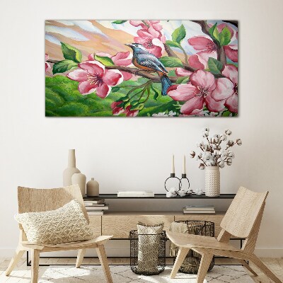 Tableau sur verre Un oiseau sur fond de fleurs printanières