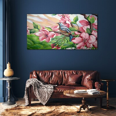 Tableau sur verre Un oiseau sur fond de fleurs printanières