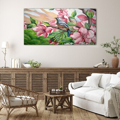 Tableau sur verre Un oiseau sur fond de fleurs printanières
