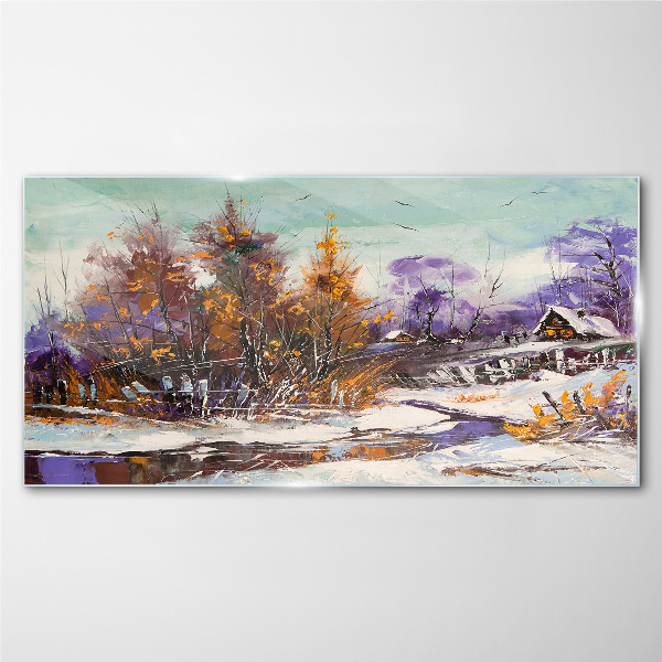 Tableau photo sur verre Paysage d'hiver avec une maison dans la forêt