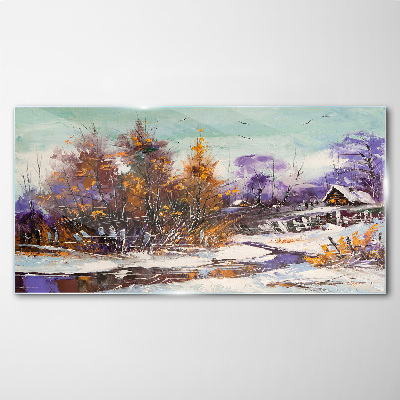 Tableau photo sur verre Paysage d'hiver avec une maison dans la forêt