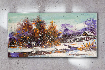 Tableau photo sur verre Paysage d'hiver avec une maison dans la forêt