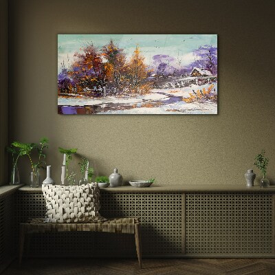 Tableau photo sur verre Paysage d'hiver avec une maison dans la forêt