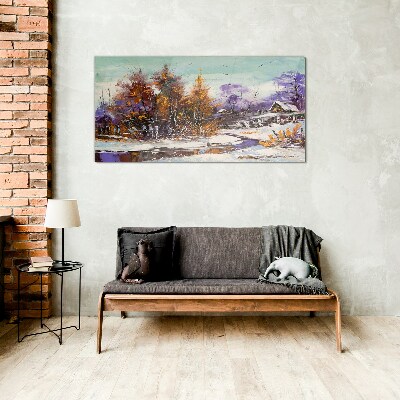 Tableau photo sur verre Paysage d'hiver avec une maison dans la forêt