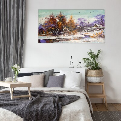 Tableau photo sur verre Paysage d'hiver avec une maison dans la forêt