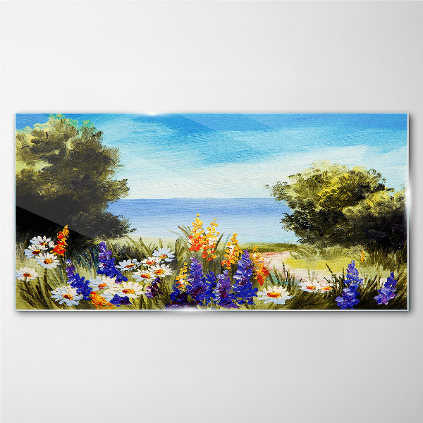 Tableau imprimé sur verre Paysage avec des fleurs au bord de la mer