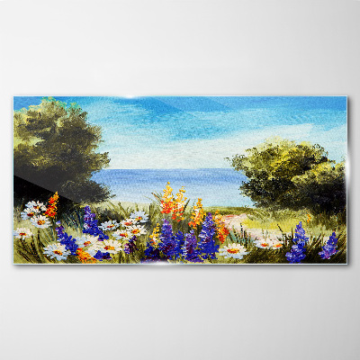 Tableau imprimé sur verre Paysage avec des fleurs au bord de la mer