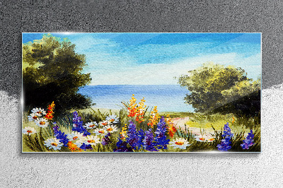 Tableau imprimé sur verre Paysage avec des fleurs au bord de la mer