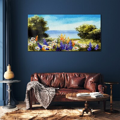 Tableau imprimé sur verre Paysage avec des fleurs au bord de la mer