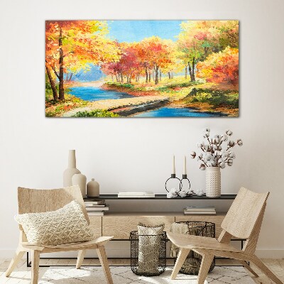 Tableau en verre Avenue d'automne au bord de la rivière