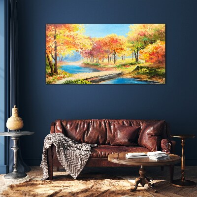 Tableau en verre Avenue d'automne au bord de la rivière