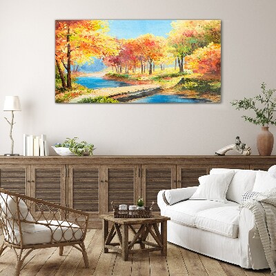 Tableau en verre Avenue d'automne au bord de la rivière