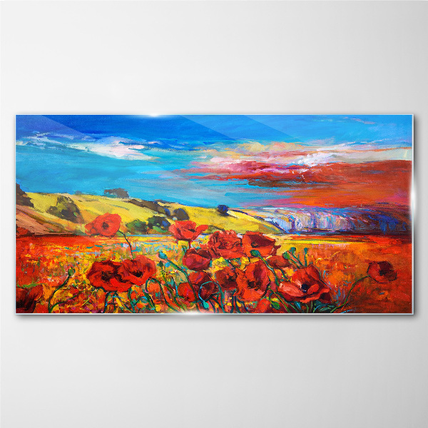 Tableau imprimé sur verre Champs de fleurs sous le soleil d'été