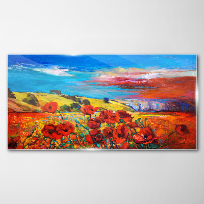 Tableau imprimé sur verre Champs de fleurs sous le soleil d'été