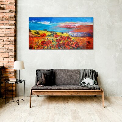 Tableau imprimé sur verre Champs de fleurs sous le soleil d'été