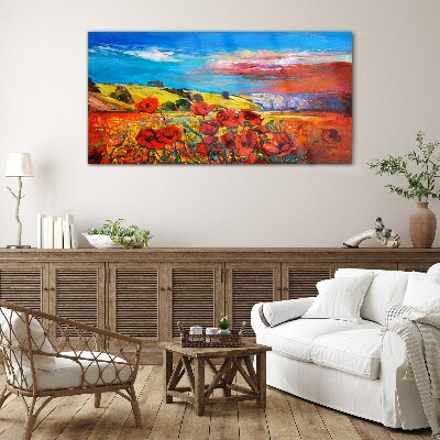 Tableau imprimé sur verre Champs de fleurs sous le soleil d'été