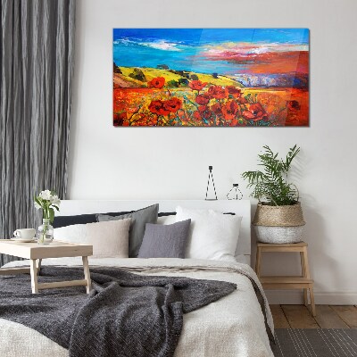 Tableau imprimé sur verre Champs de fleurs sous le soleil d'été