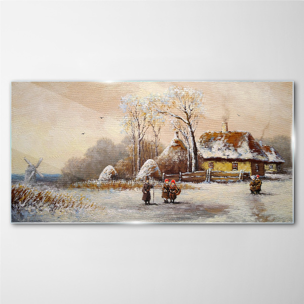 Tableau photo sur verre Paysage d'hiver avec un chalet et le vent