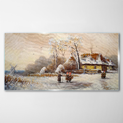 Tableau photo sur verre Paysage d'hiver avec un chalet et le vent