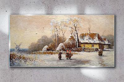 Tableau photo sur verre Paysage d'hiver avec un chalet et le vent