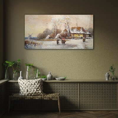 Tableau photo sur verre Paysage d'hiver avec un chalet et le vent