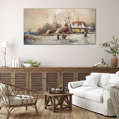 Tableau photo sur verre Paysage d'hiver avec un chalet et le vent