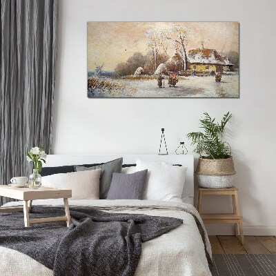 Tableau photo sur verre Paysage d'hiver avec un chalet et le vent