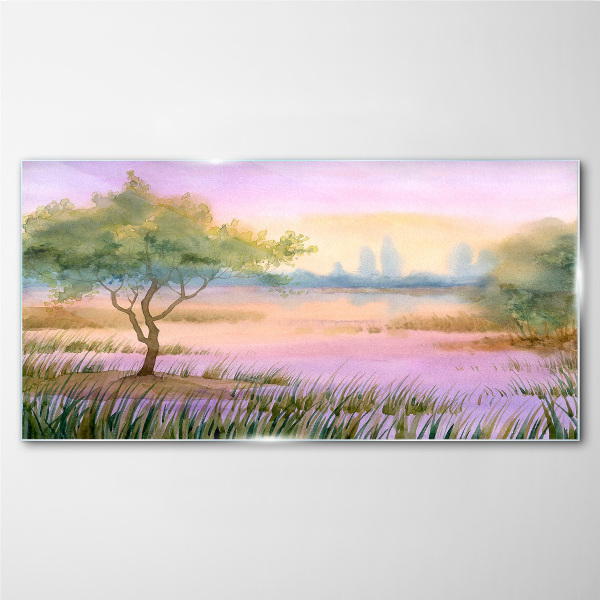 Tableau sur verre Paysage matinal avec un arbre