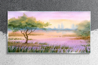 Tableau sur verre Paysage matinal avec un arbre