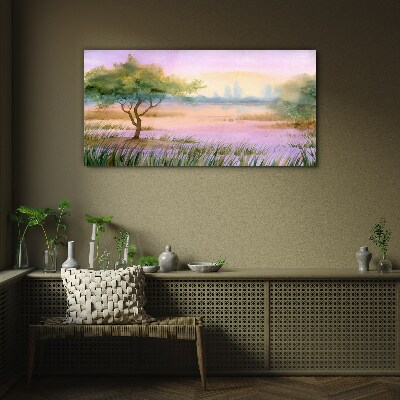 Tableau sur verre Paysage matinal avec un arbre