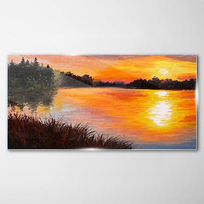 Tableau imprimé sur verre Coucher de soleil sur le lac