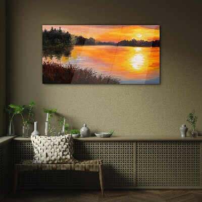 Tableau imprimé sur verre Coucher de soleil sur le lac