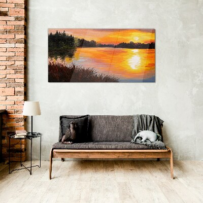 Tableau imprimé sur verre Coucher de soleil sur le lac
