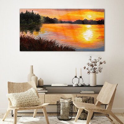 Tableau imprimé sur verre Coucher de soleil sur le lac