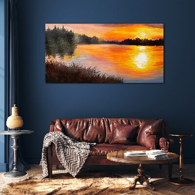 Tableau imprimé sur verre Coucher de soleil sur le lac