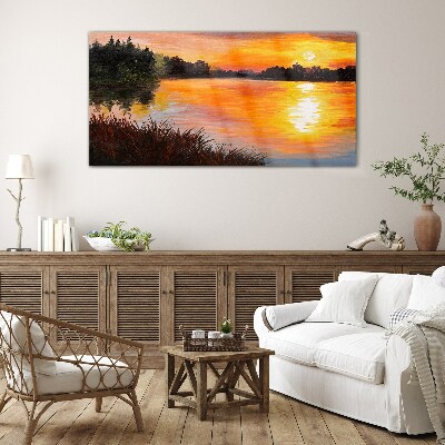 Tableau imprimé sur verre Coucher de soleil sur le lac