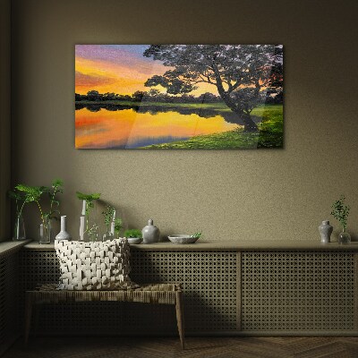 Tableau en verre Coucher de soleil sur le lac