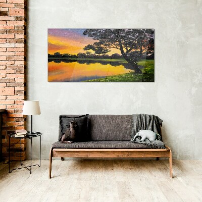 Tableau en verre Coucher de soleil sur le lac